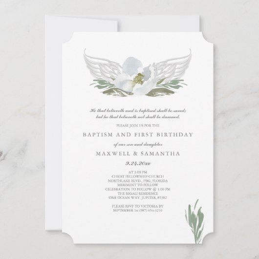 Cool Gray Waterverf Florals Angel Wings Baptisme Kaart (Voorkant)