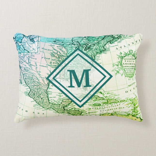 Cool Green  kaart van Noord-Amerika Monogram Accent Kussen (Voorkant)