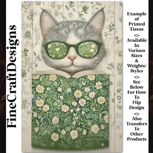 Cool Grey Cat in Specs & Bloemen Boek BT3 Decoupag Tissuepapier