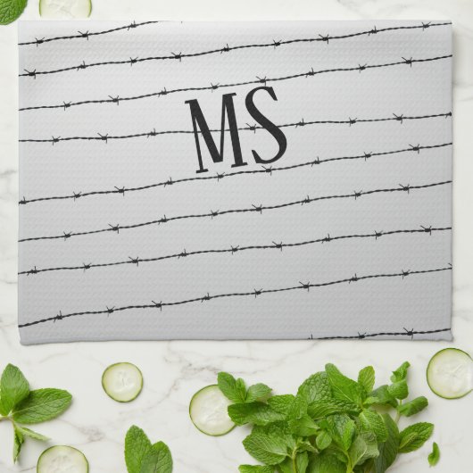 Cool grijs wit zwart gestreepte draadpatroon Monog Theedoek (Gevouwen)