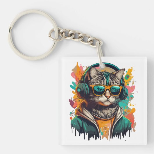 Cool Groovy Cat met hoofdtelefoon Luisteren naar m Sleutelhanger (voorkant)