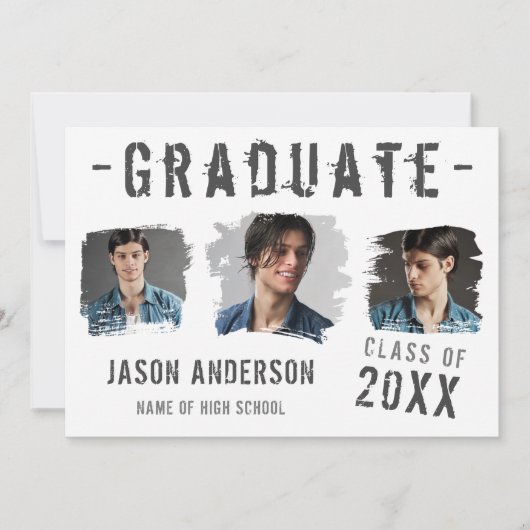 Cool Grunge White 3 Photo Afstuderen Aankondiging (Voorkant)