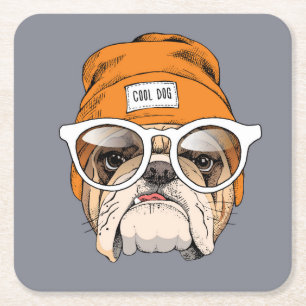 Cool Hipster Bulldog Vierkante Kartonnen Onderzetter