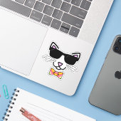 Cool Hipster Cat Bow Stropdas Sticker (Laptop met iPhone)