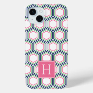 Cool Honeycomb Pattern en Roze Monogram iPhone 15 Mini Hoesje