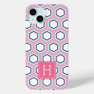Cool Honeycomb Pattern en Roze Monogram iPhone 15 Mini Hoesje
