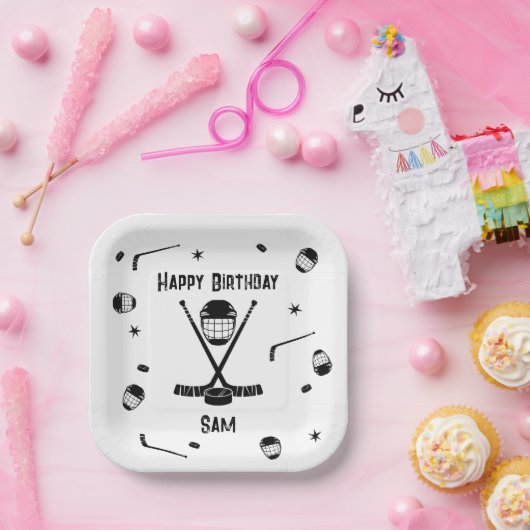 Cool Ice Hockey Zwart-wit Verjaardagsfeest Papieren Bordje (Feest)