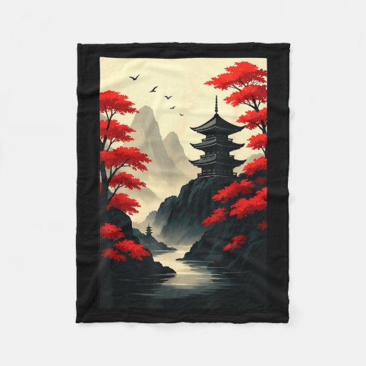 Cool Japanese Pagoda Castle Mountain Landscape Gra Fleece Deken (Voorkant)