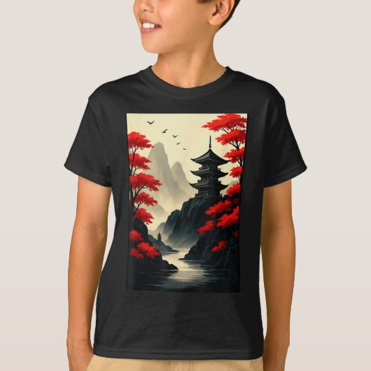 Cool Japanese Pagoda Castle Mountain Landscape Gra T-shirt (Voorkant)