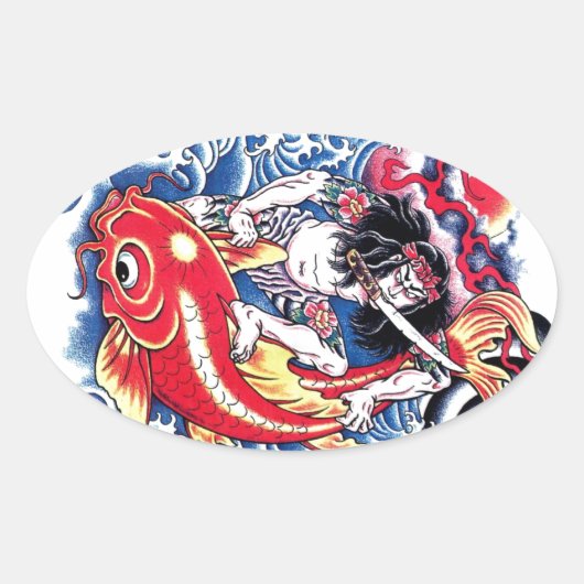 Cool Japans Samurai Koi Karper rood tattoo Ovale Sticker (Voorkant)