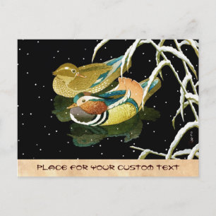Cool japanse mandarina duck zwarte vijver sneeuw briefkaart