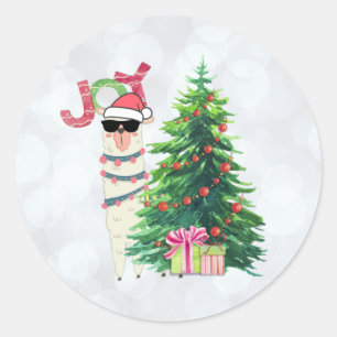 Cool Kerstllama   Joy Typografie   Bokeh Back Ronde Sticker