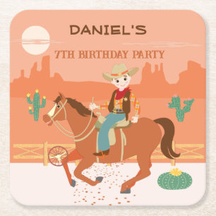 Cool kleine cowboy en paard Verjaardagsfeest Vierkante Kartonnen Onderzetter