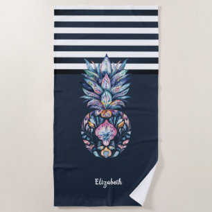 Cool Kleurrijke Ananas Marine Blauw Gestreept Strandlaken