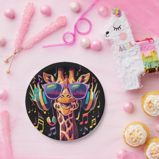 Cool Kleurrijke Party Giraffe met Hoofdtelefoon Papieren Bordje (Feest)