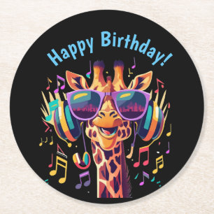 Cool Kleurrijke Party Giraffe met Hoofdtelefoon Ronde Kartonnen Onderzetter