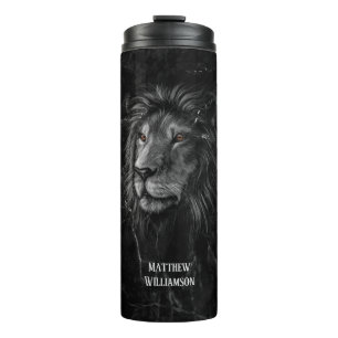 Cool Lion Black Marble Background Jouw naam Thermosbeker