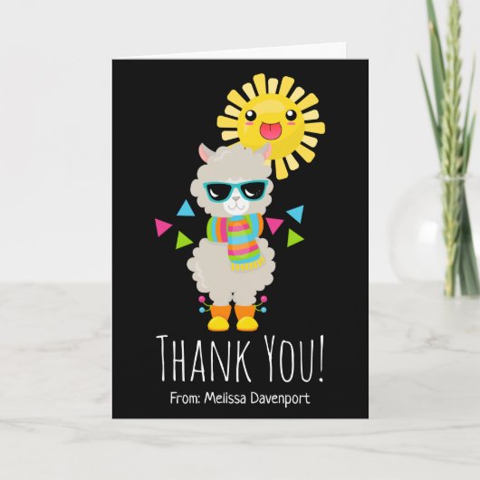 Cool Llama en het glimlachen Kawaii Sun Dank u Kaart (Voorkant)