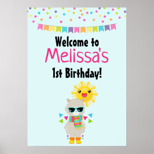 Cool Llama en Smiling Kawaii Sun Birthday Poster