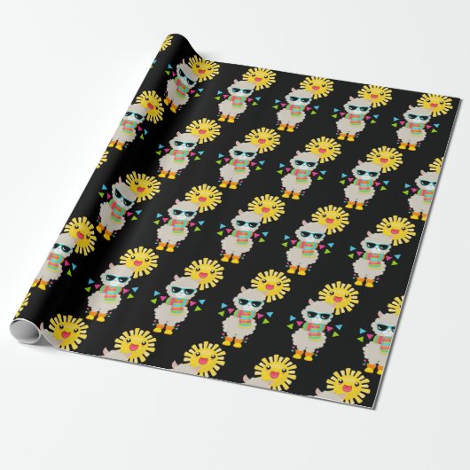 Cool Llama en Smiling Kawaii Sun Pattern Cadeaupapier (Uitgerold)