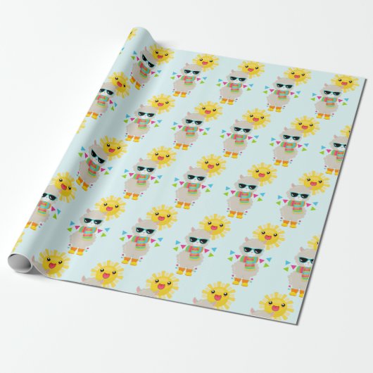Cool Llama en Smiling Kawaii Sun Pattern Cadeaupapier (Uitgerold)