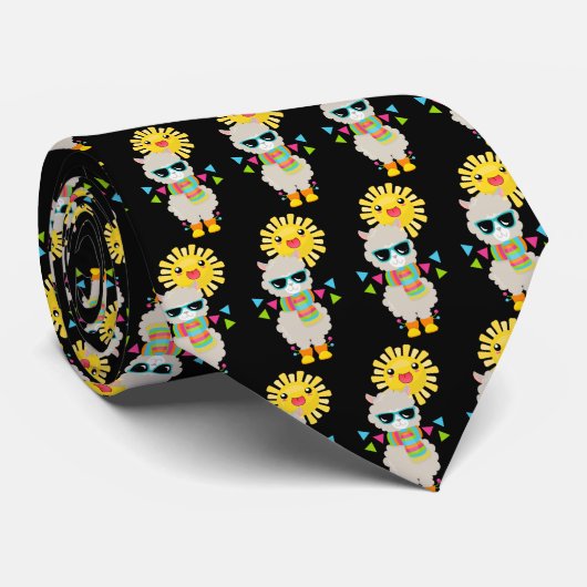 Cool Llama en Smiling Kawaii Sun Pattern Stropdas (Opgerold)