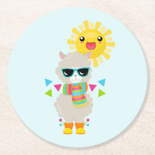 Cool Llama en Smiling Kawaii Sun Ronde Kartonnen Onderzetter