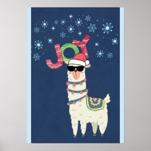 Cool Llama in Santa Hat met Snowflakes kerst Poster