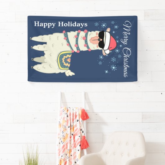 Cool Llama in Santa Hat met Snowflakes kerst Spandoek (Insitu)