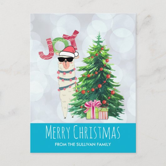 Cool Llama op Silver Bokeh en Icy Blue Kerstmis Briefkaart (Voorkant)