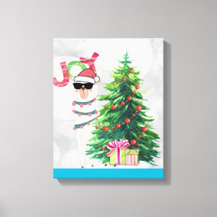 Cool Llama op Silver Bokeh en Icy Blue Kerstmis Canvas Afdruk