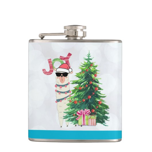 Cool Llama op Silver Bokeh en Icy Blue Kerstmis Heupfles (Voorkant)