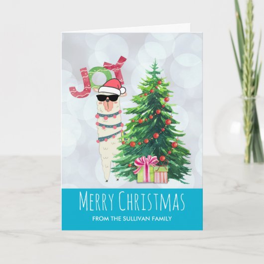 Cool Llama op Silver Bokeh en Icy Blue Kerstmis Kaart (Voorkant)