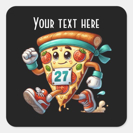 Cool lopende pizza party voeg bericht toe vierkante sticker (Voorkant)