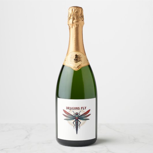 Cool Machined Steampunk Dragonfly - Draken Vliegen Sparkling Wijnetiket (Voorkant)
