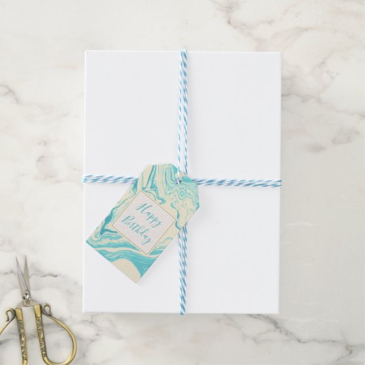 Cool Marble Design in Turquoise en Cream Birthday Cadeaulabel (Met Touw)