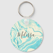 Cool Marble Design in Turquoise en Cream Monogram Sleutelhanger (Voorkant)