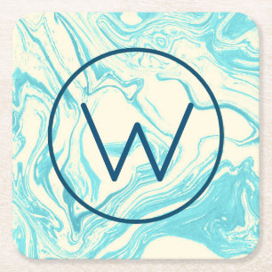 Cool Marble Design in Turquoise en Cream Monogram Vierkante Kartonnen Onderzetter