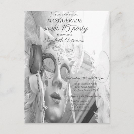 Cool Masquerade Chic Masque Sweet 16 Uitnodiging Briefkaart (Voorkant)