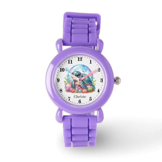 Cool meisjes zee schildpad voeg naam horloge (Voorkant)