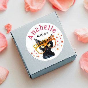 Cool Meisjesachtige Zwarte Kat Rode Oranje Glitter Ronde Sticker