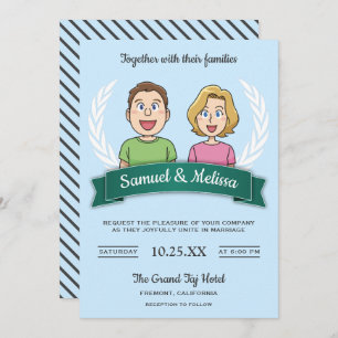 Cool Modern Cute Comic Couple Wedding Invitation Kaart