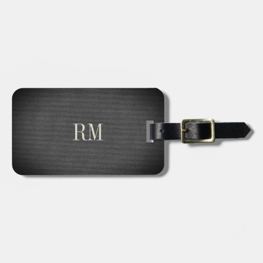 Cool Modern Elegant Black Linen Monogram Adres Bagagelabel (Voorkant horizontaal)