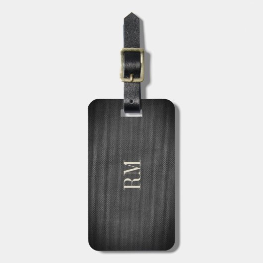Cool Modern Elegant Black Linen Monogram Adres Bagagelabel (Voorkant verticaal)