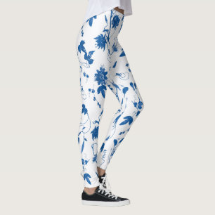 Cool Modern Elegant Blue Floral Toile Leggings