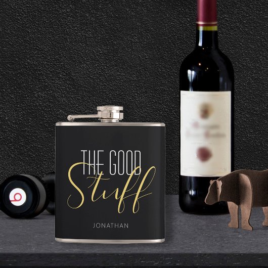 Cool Modern Elegant Good Stuff Gold Black Name Heupfles