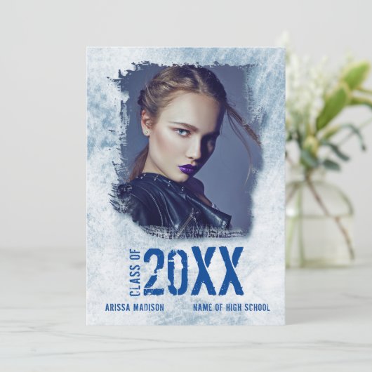 Cool Modern Grunge Double Sided Photo Blue Afstude Aankondiging (Staand voorkant)