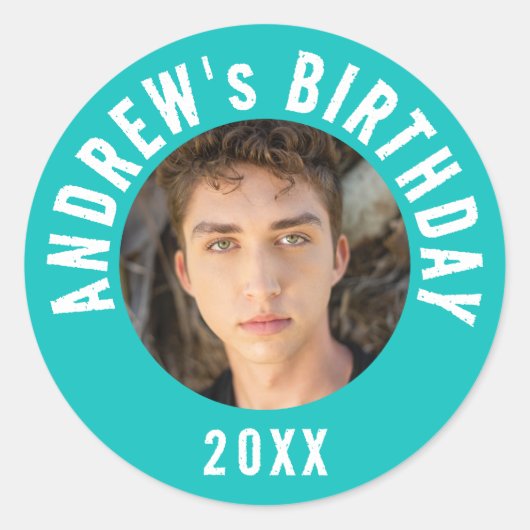 Cool Modern Turquoise Foto Verjaardagsfeest Ronde Sticker (Voorkant)