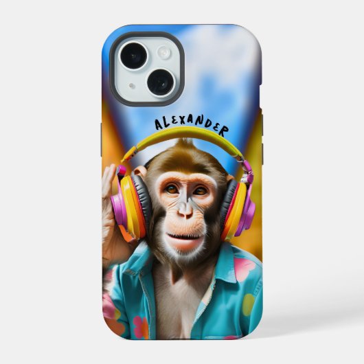 Cool Monkey met hoofdtelefoon iPhone 15 Hoesje (Achterkant)
