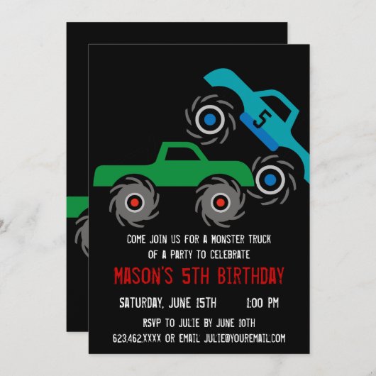 Cool Monster Trucks Invitations de fête d'annivers (Devant / Derrière)